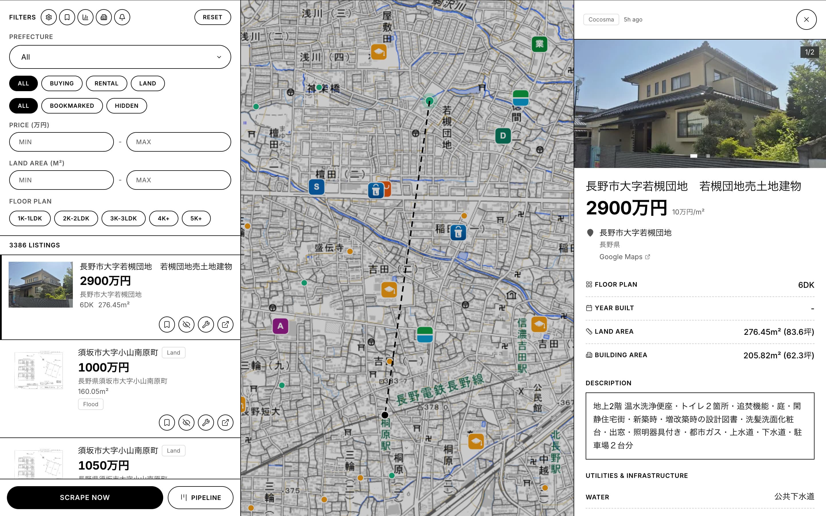Akiyama desktop app — listings, map view, and property detail